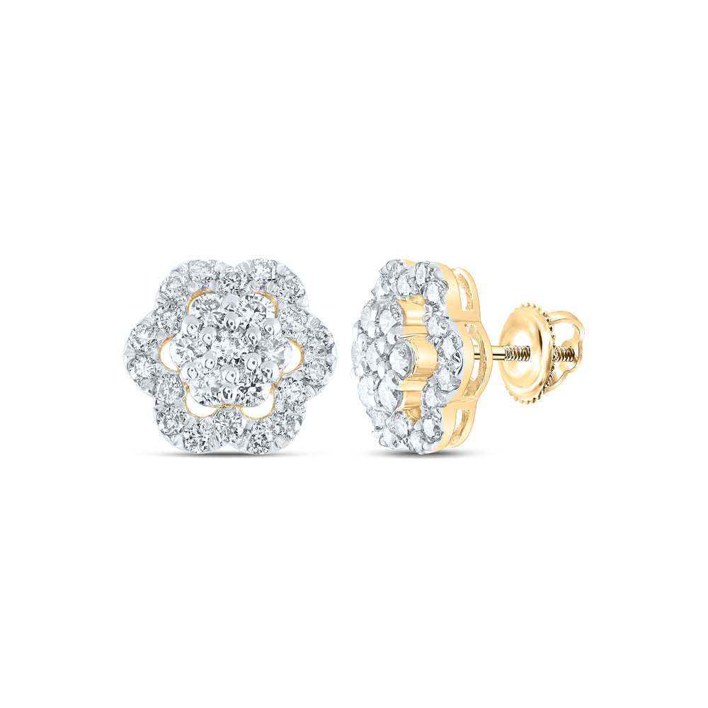 14kt Yellow Gold Womens Round Diamond Flower Cluster Earrings 1 Cttw