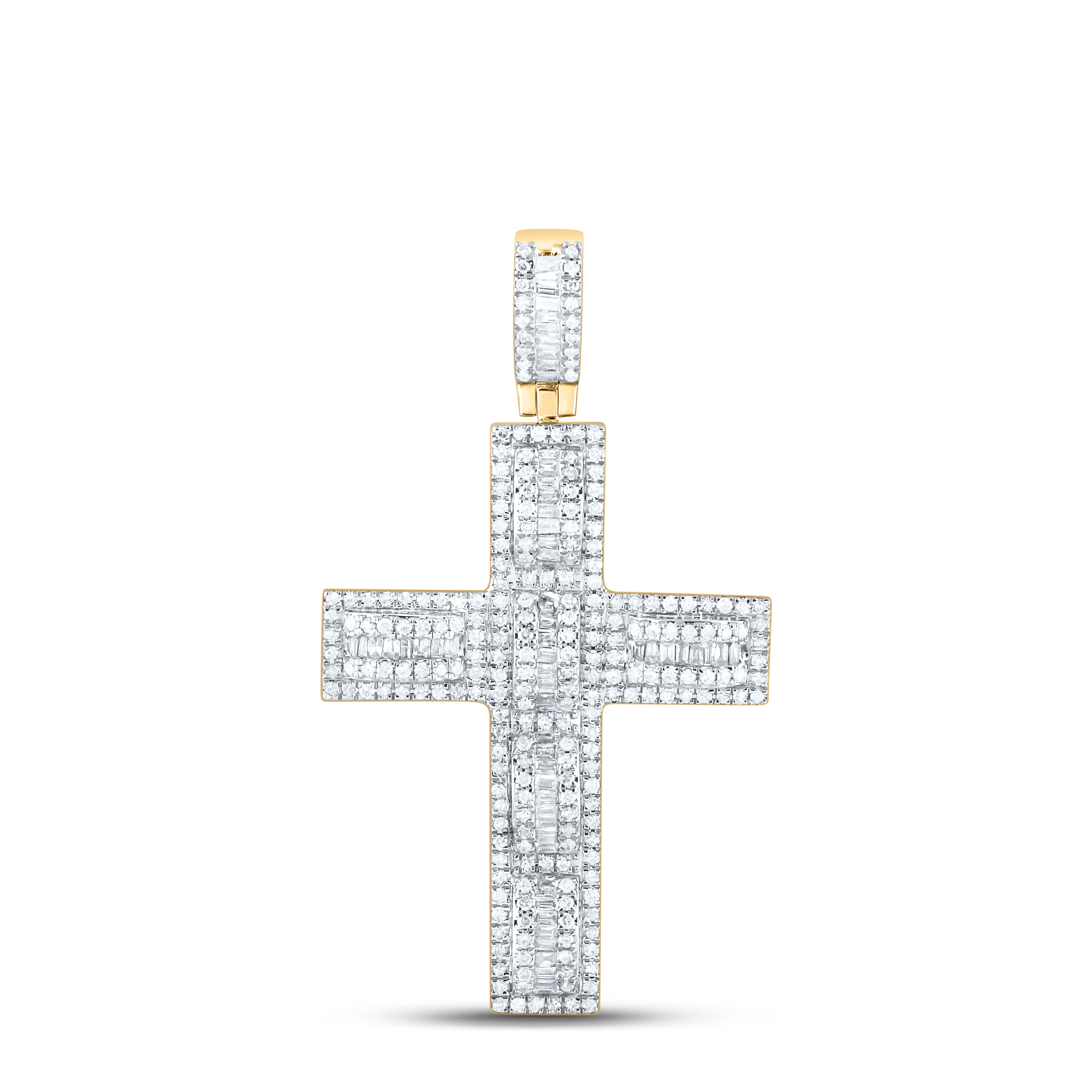 10kt Yellow Gold Mens Baguette Diamond Cross Charm Pendant 7/8 Cttw