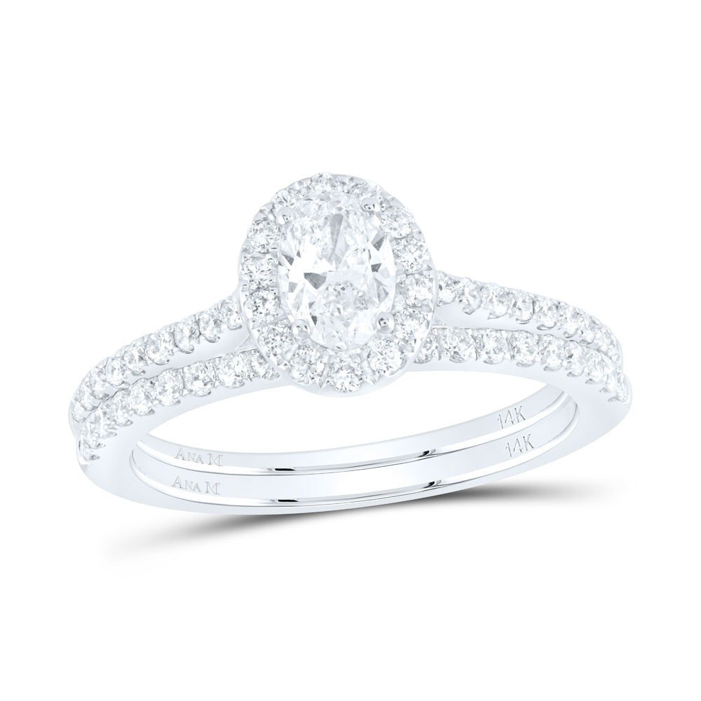14kt White Gold Oval Diamond Halo Bridal Wedding Ring Band Set 1 Cttw