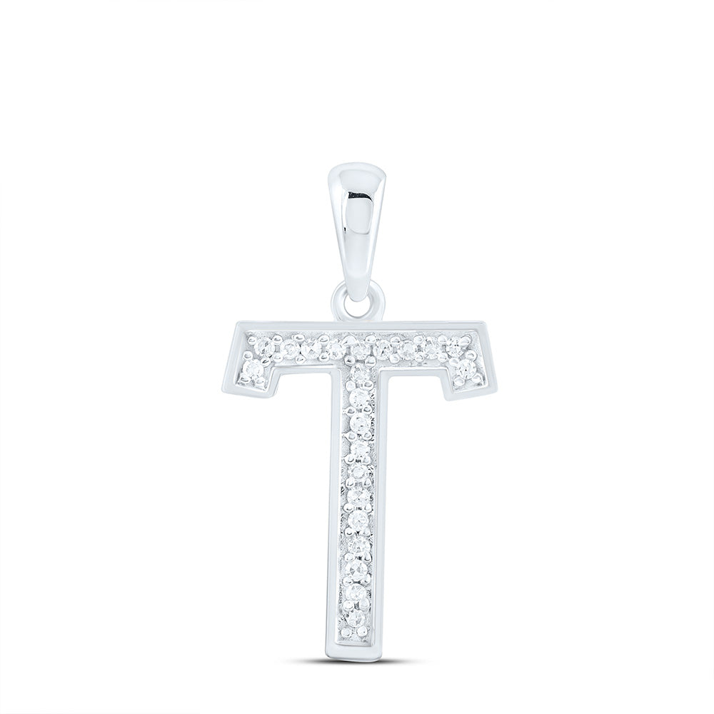 10kt White Gold Womens Round Diamond Initial T Letter Pendant 1/20 Cttw