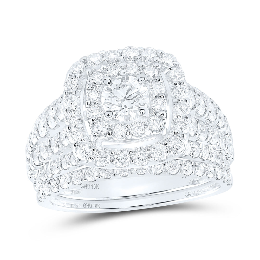 10kt White Gold Round Diamond Square Halo Bridal Wedding Ring Band Set 2 Cttw