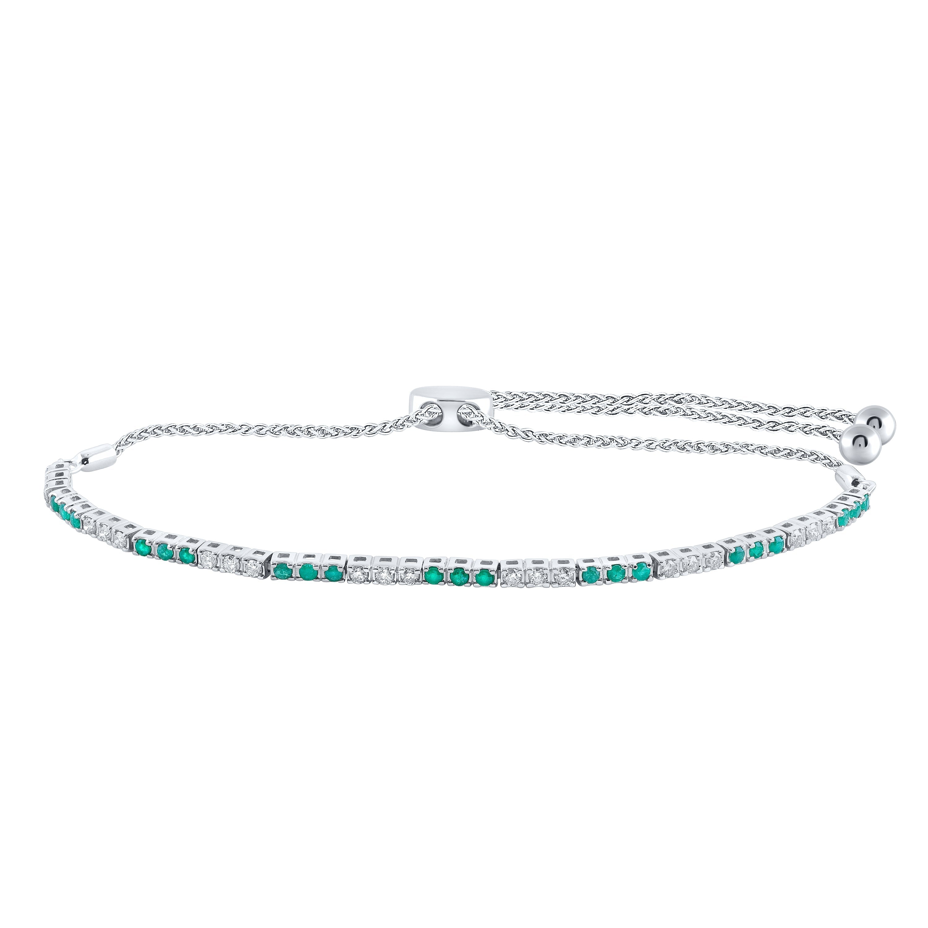 14kt White Gold Womens Round Emerald Diamond Bolo Bracelet 3/4 Cttw