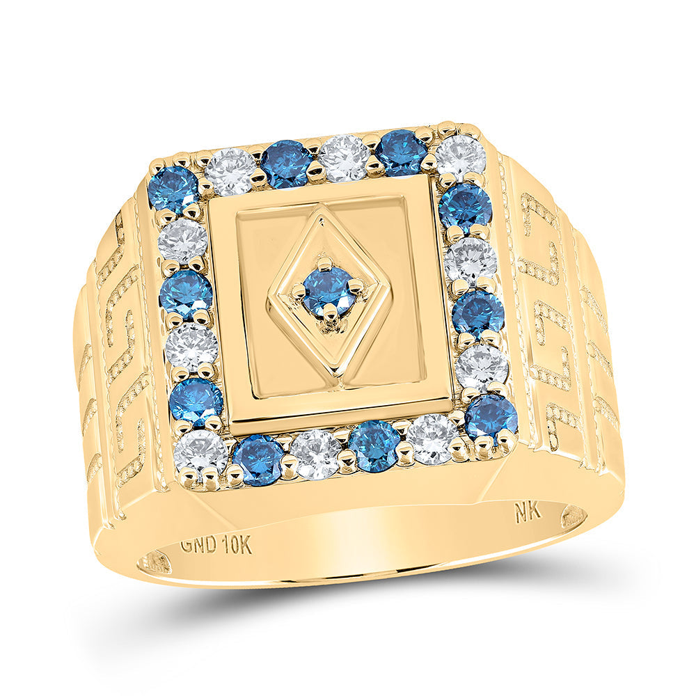 10kt Yellow Gold Mens Round Blue Color Treated Diamond Square Ring 1-1/2 Cttw