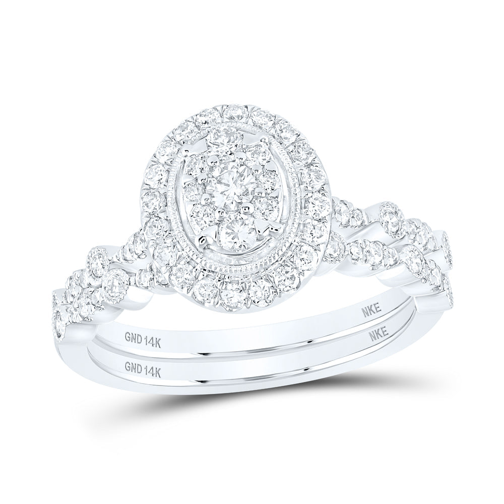 14kt White Gold Round Diamond Oval Bridal Wedding Ring Band Set 5/8 Cttw