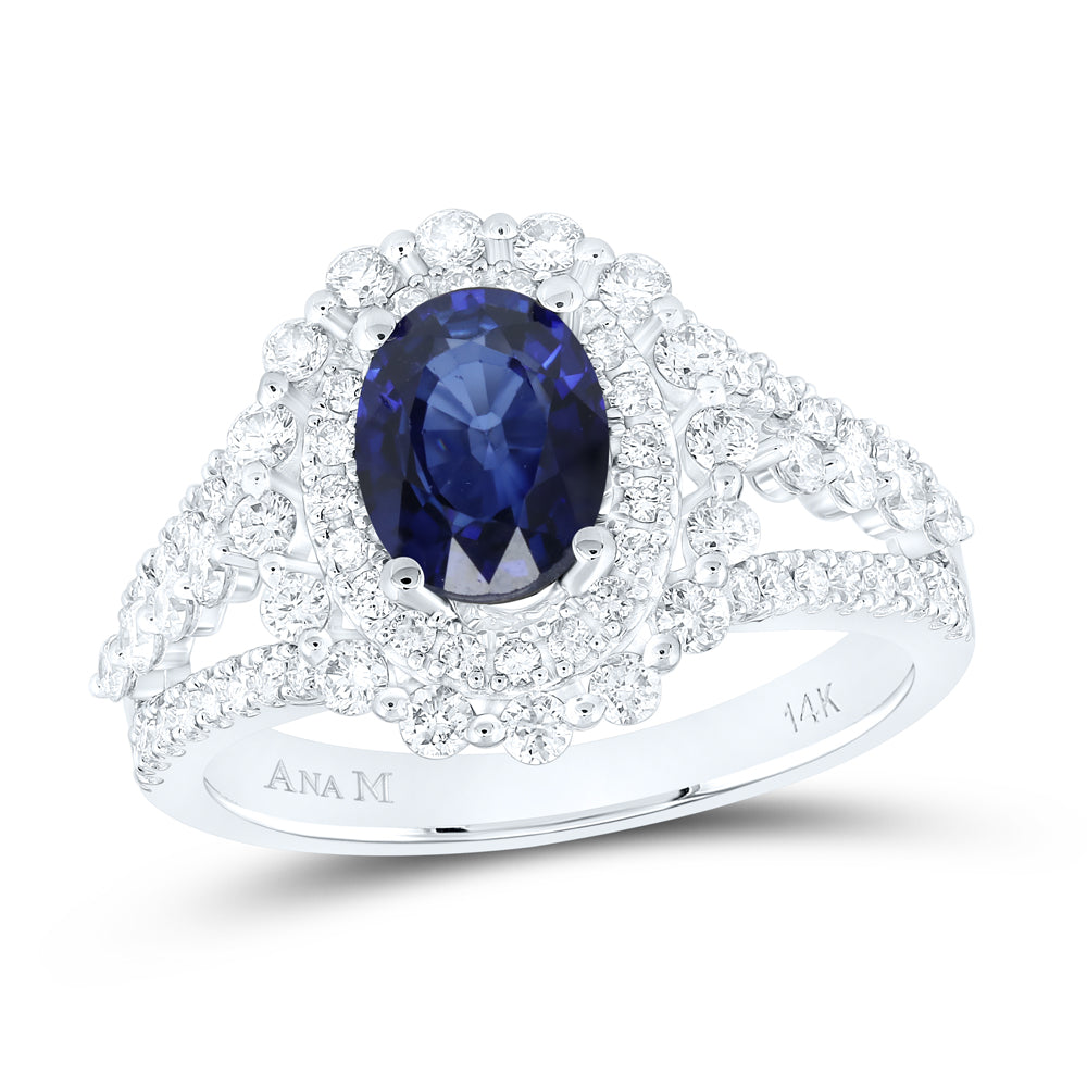 14kt White Gold Womens Oval Blue Sapphire Solitaire Diamond Ring 2-1/3 Cttw