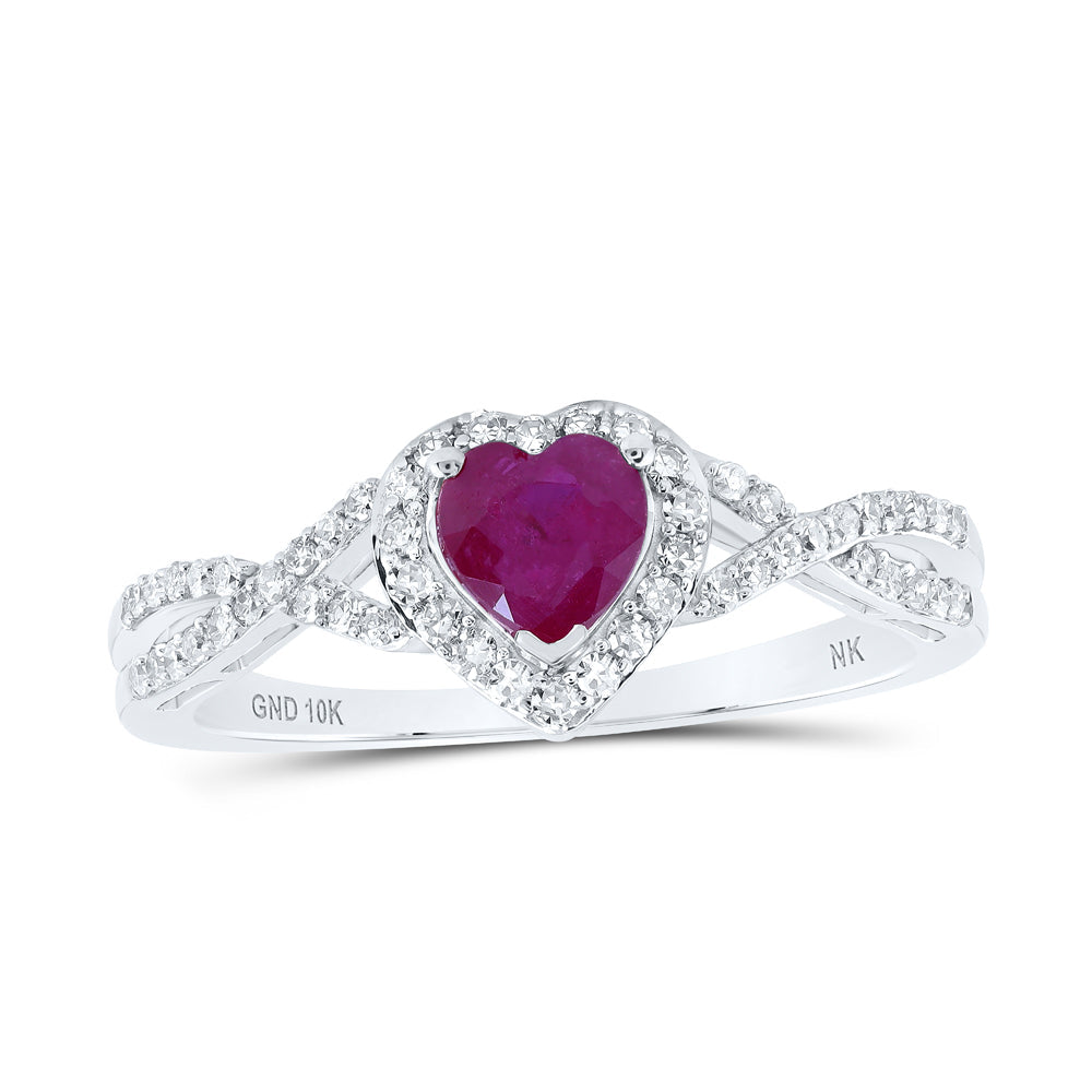 10kt White Gold Womens Heart Ruby Diamond Halo Ring 1 Cttw