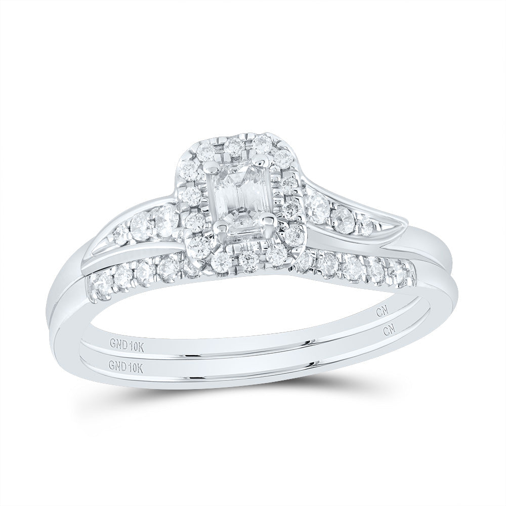 10kt White Gold Emerald Diamond Halo Bridal Wedding Ring Band Set 1/3 Cttw