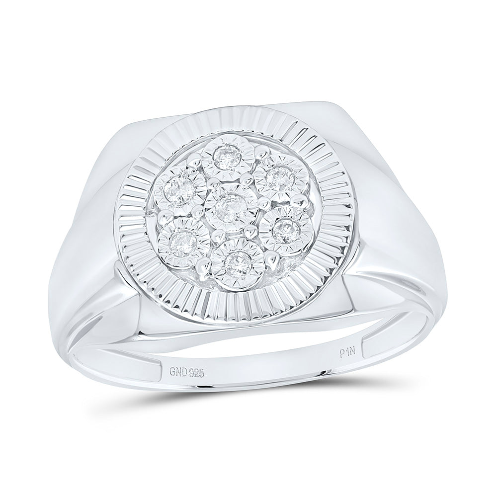 Sterling Silver Mens Round Diamond Flower Cluster Illusion-set Ring 1/10 Cttw