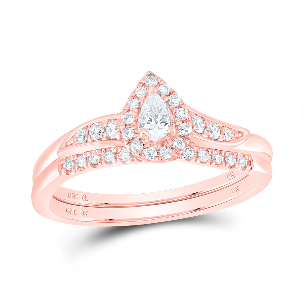 10kt Rose Gold Pear Diamond Halo Bridal Wedding Ring Band Set 1/3 Cttw