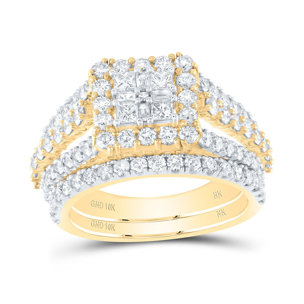 10kt Yellow Gold Princess Diamond Square Bridal Wedding Ring Band Set 2 Cttw