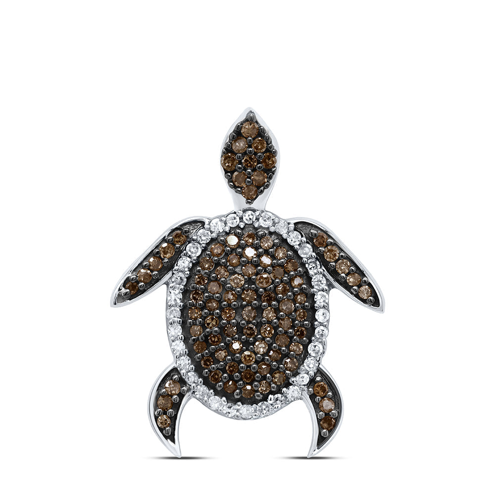 10kt White Gold Womens Round Brown Diamond Sea Turtle Animal Pendant 3/8 Cttw