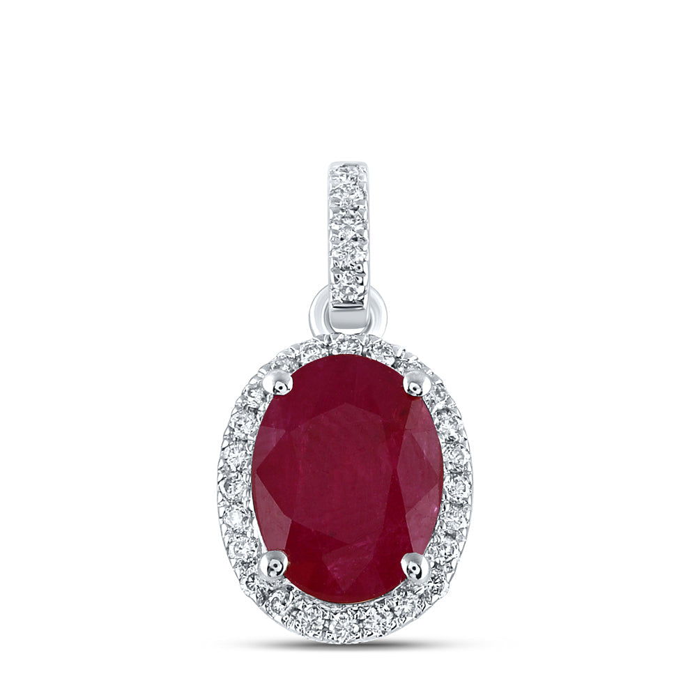 14kt White Gold Womens Oval Ruby Solitaire Diamond Halo Pendant 1-5/8 Cttw
