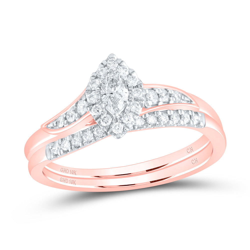 10kt Rose Gold Marquise Diamond Halo Bridal Wedding Ring Band Set 1/3 Cttw