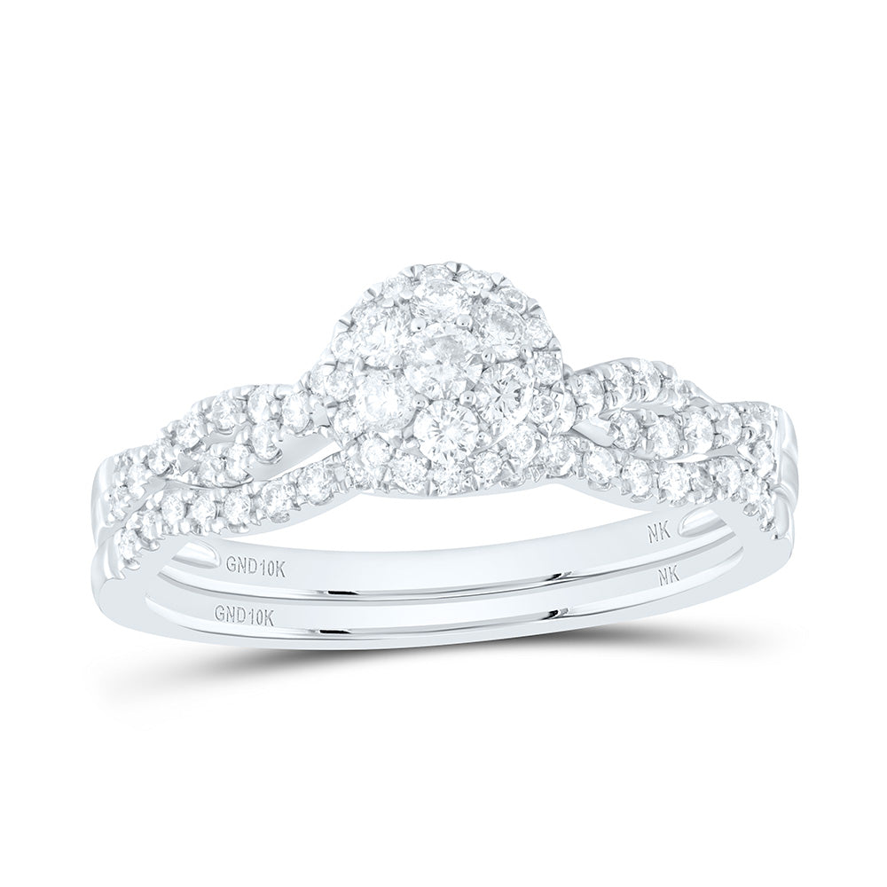10kt White Gold Round Diamond Oval Cluster Bridal Wedding Ring Band Set 1/2 Cttw