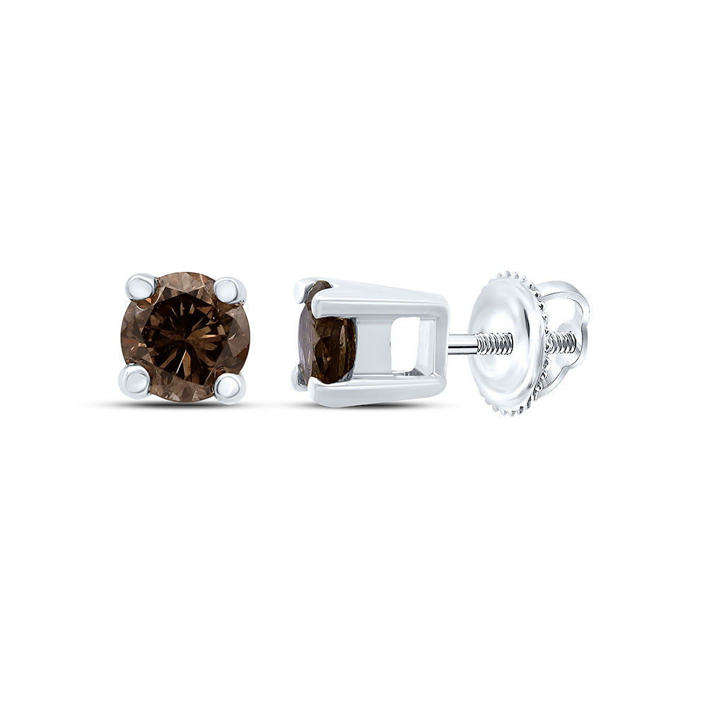 10kt White Gold Womens Round Brown Diamond Solitaire Earrings 1/4 Cttw