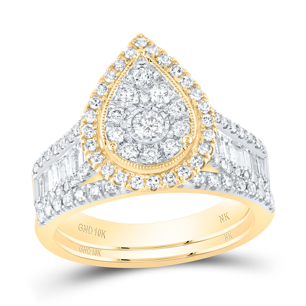 10kt Yellow Gold Round Diamond Teardrop Bridal Wedding Ring Band Set 1-1/2 Cttw
