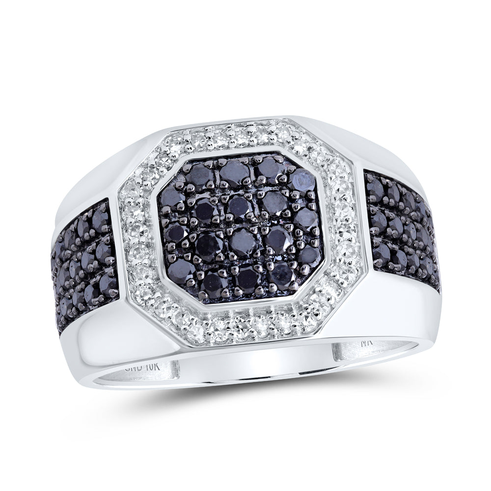10kt White Gold Mens Round Black Color Treated Diamond Octagon Ring 1-1/5 Cttw