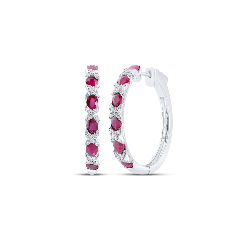 14kt White Gold Womens Oval Ruby Diamond Hoop Earrings 3 Cttw