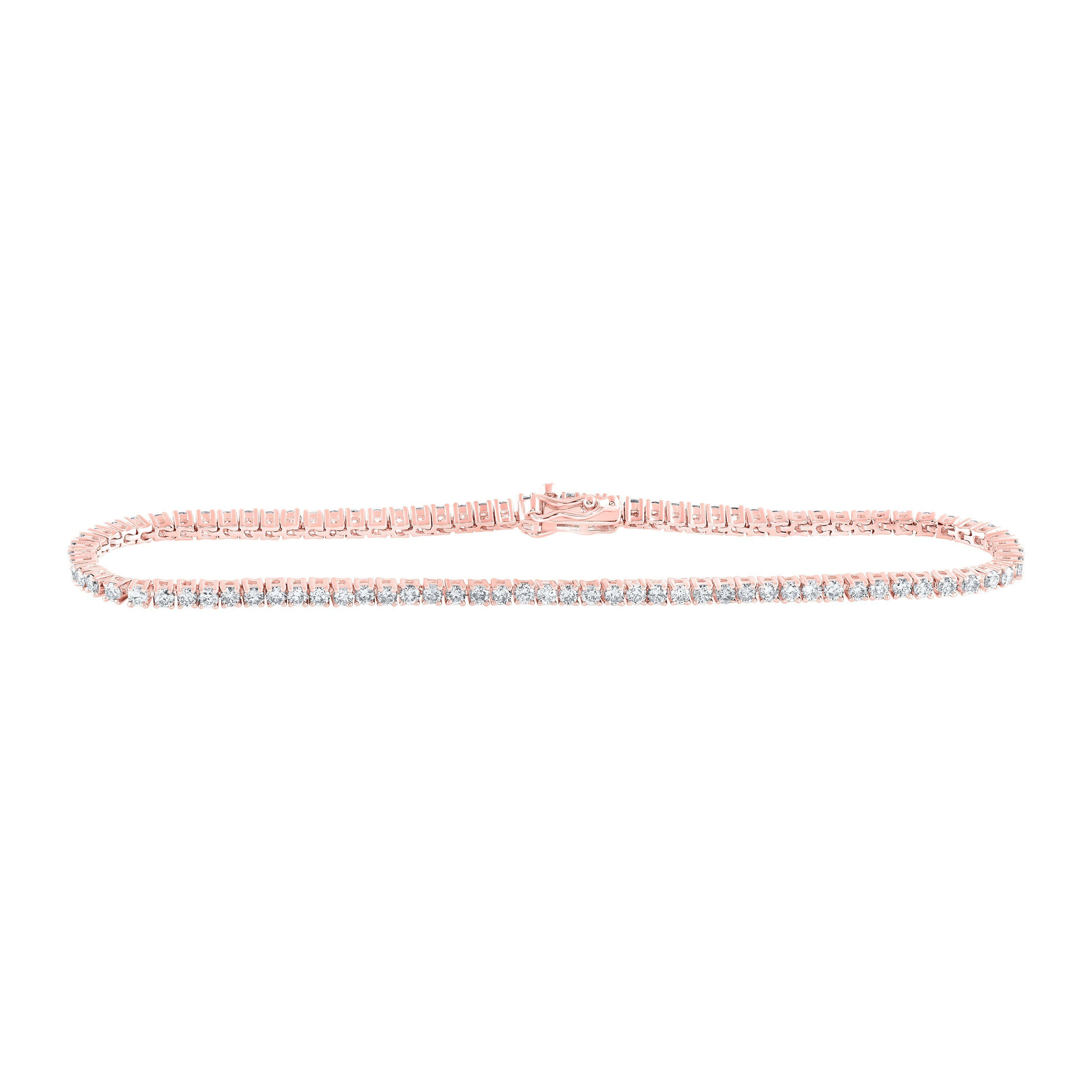 10kt Rose Gold Womens Round Diamond Single Row Fashion Bracelet 2 Cttw