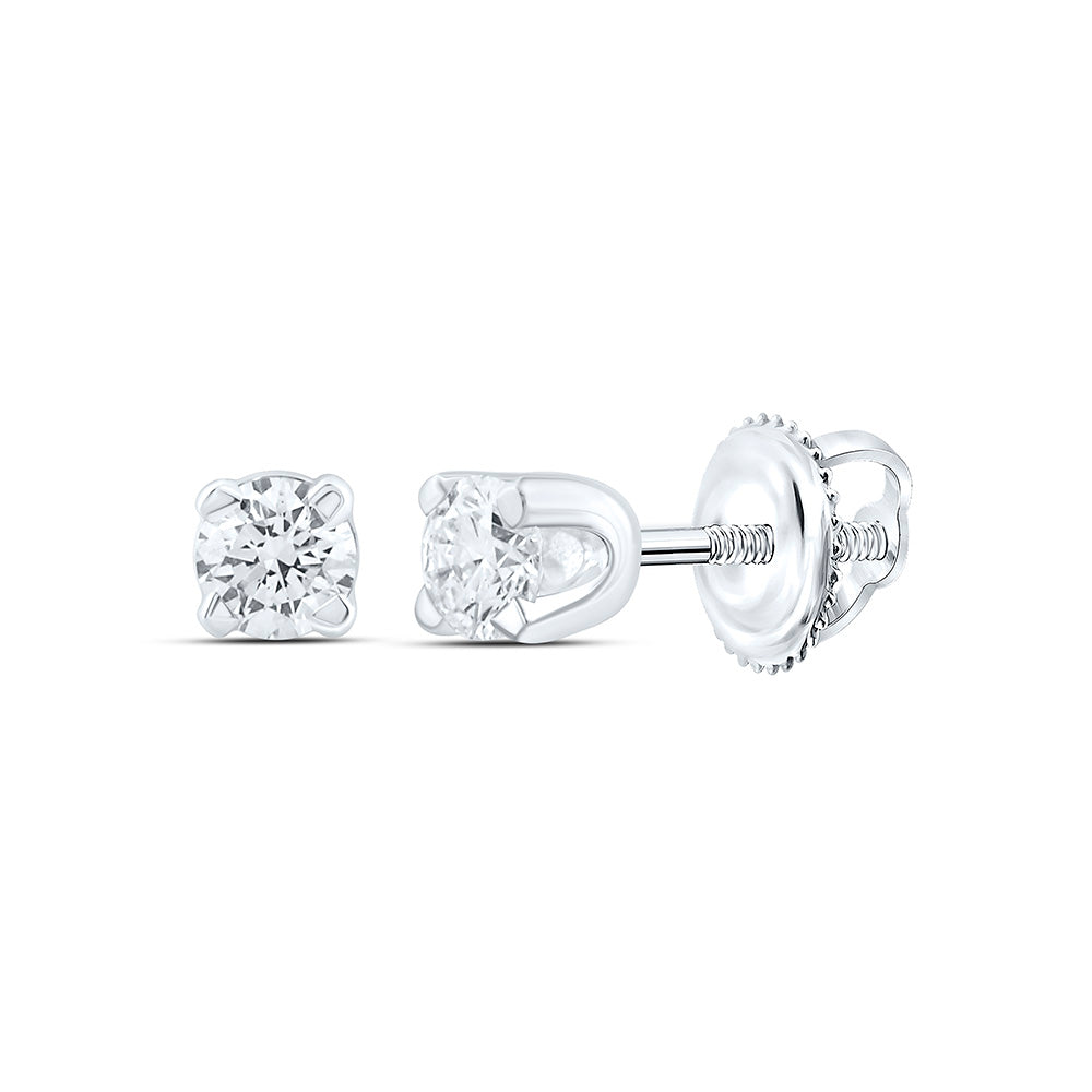 14kt White Gold Infant Girls Round Diamond Solitaire Earrings 1/20 Cttw
