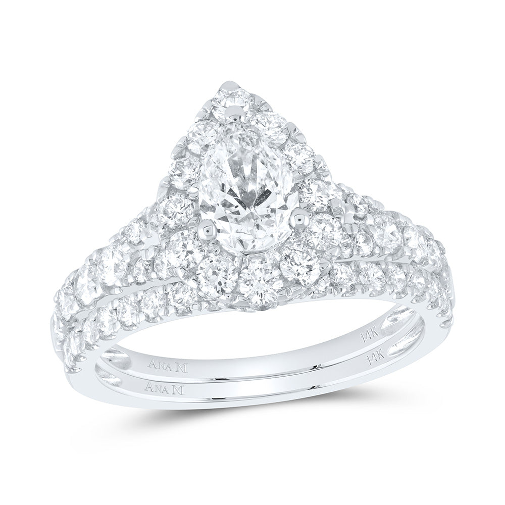 14kt White Gold Pear Diamond Halo Bridal Wedding Ring Band Set 2 Cttw