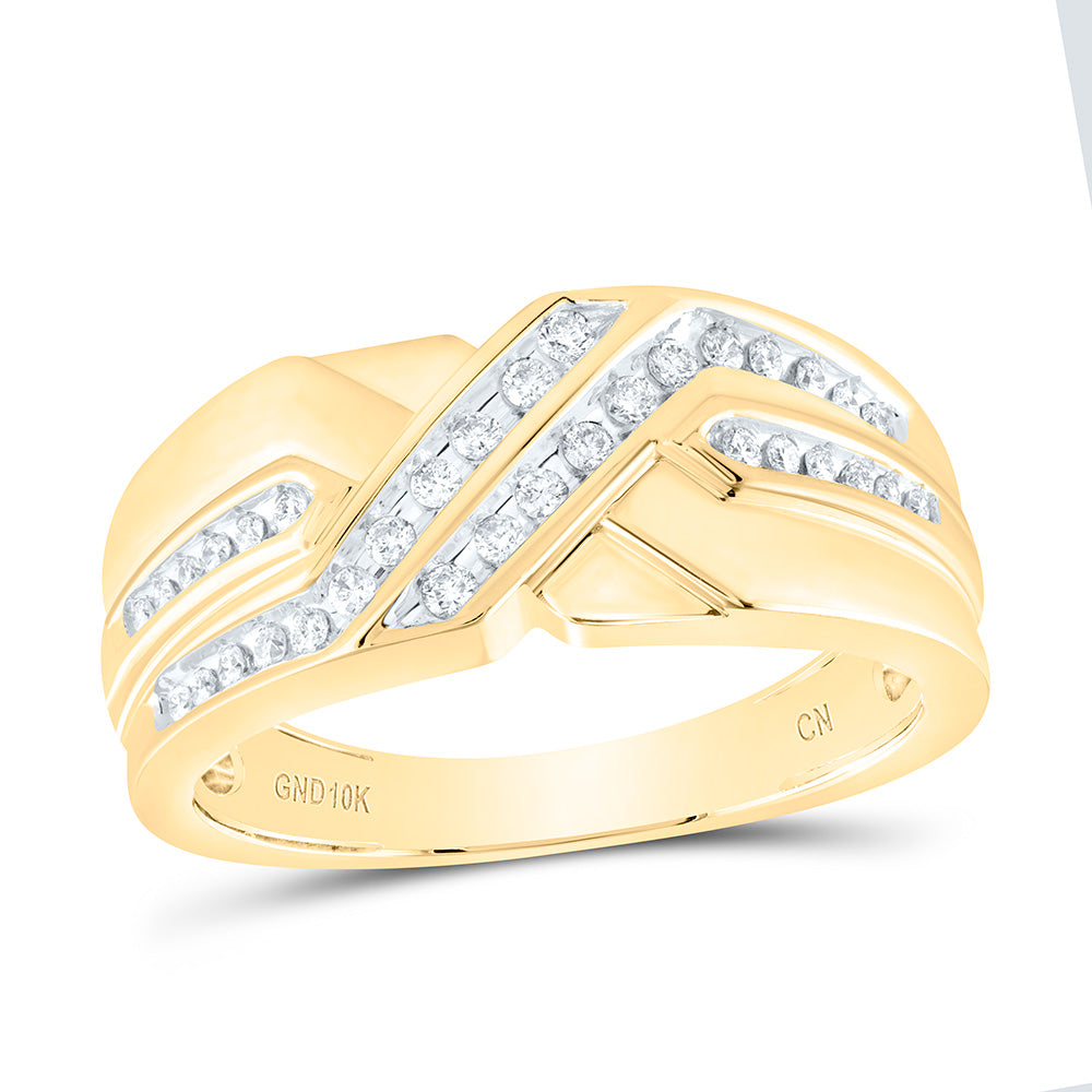 10kt Yellow Gold Mens Round Diamond Diagonal Double Row Band Ring 1/4 Cttw