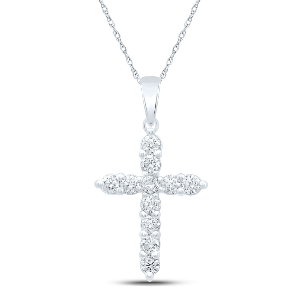14kt White Gold Womens Round Diamond Cross Pendant 1 Cttw