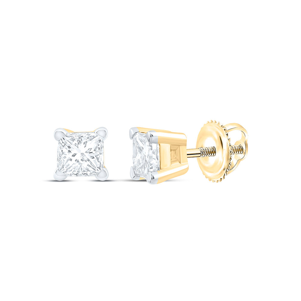 14kt Yellow Gold Unisex Princess Diamond Solitaire Stud Earrings 1/4 Cttw