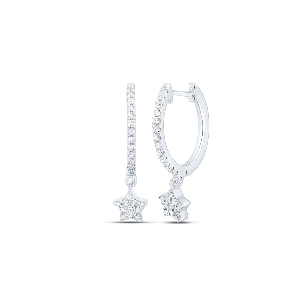 10kt White Gold Womens Round Diamond Star Hoop Dangle Earrings 1/5 Cttw