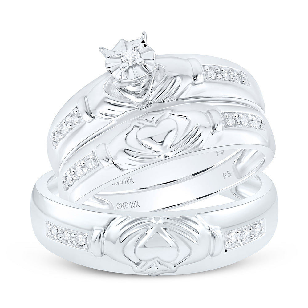 10kt White Gold His Hers Round Diamond Claddagh Matching Wedding Set 1/8 Cttw