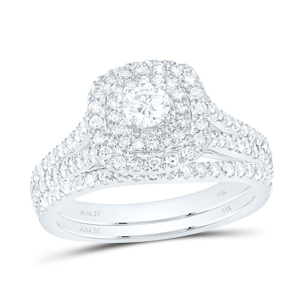 14kt White Gold Round Diamond Halo Bridal Wedding Ring Band Set 1 Cttw