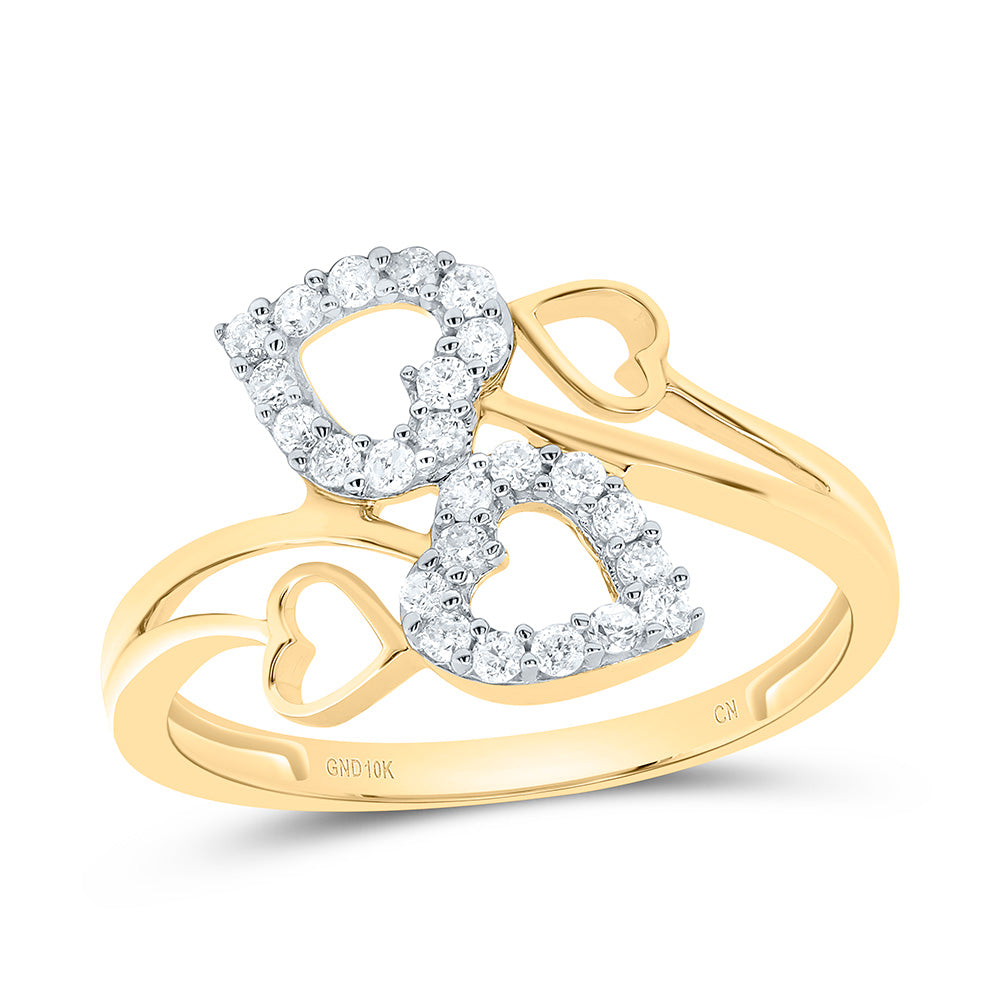 10kt Yellow Gold Womens Round Diamond Double Heart Ring 1/4 Cttw