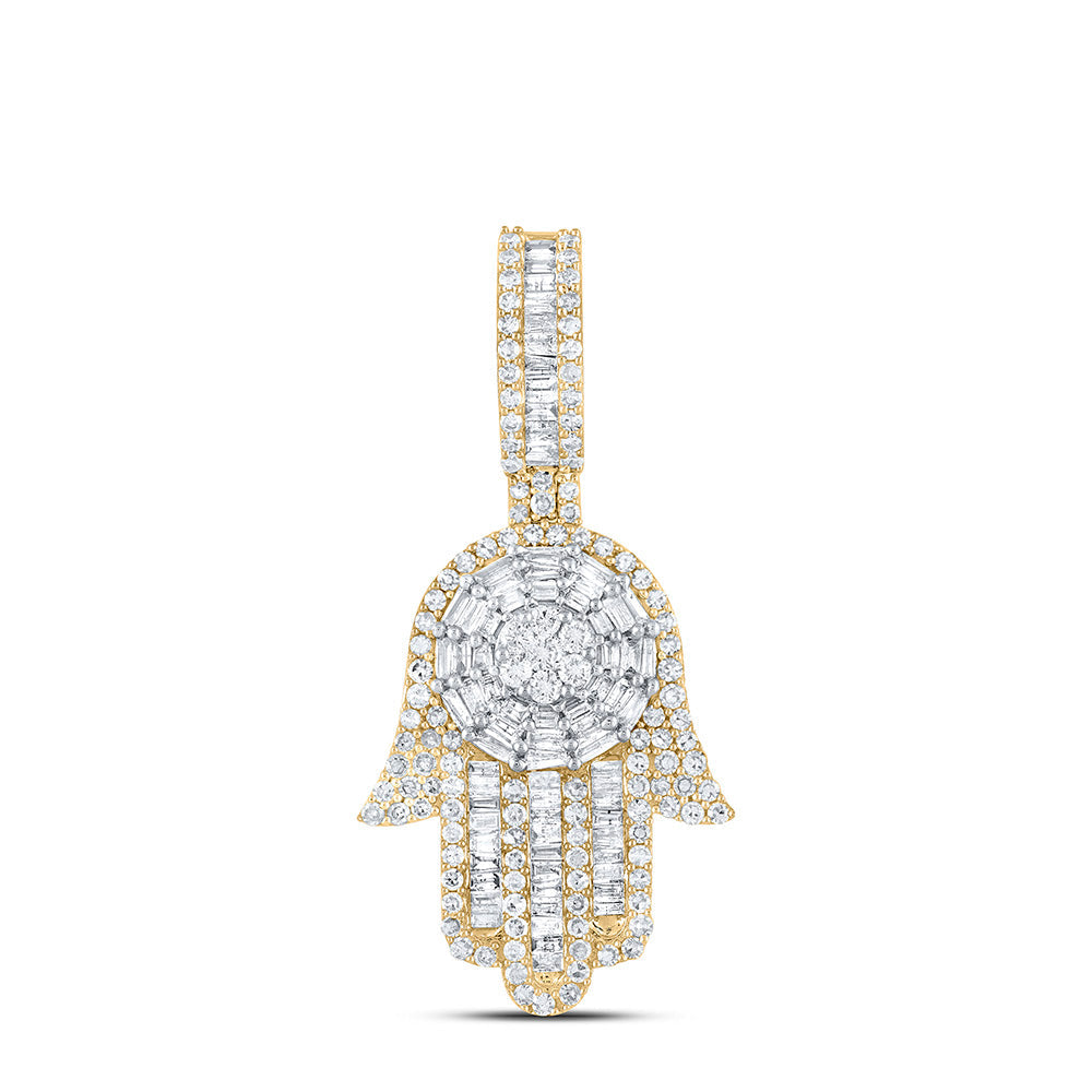 10kt Yellow Gold Mens Baguette Diamond Hamsa Charm Pendant 1-5/8 Cttw