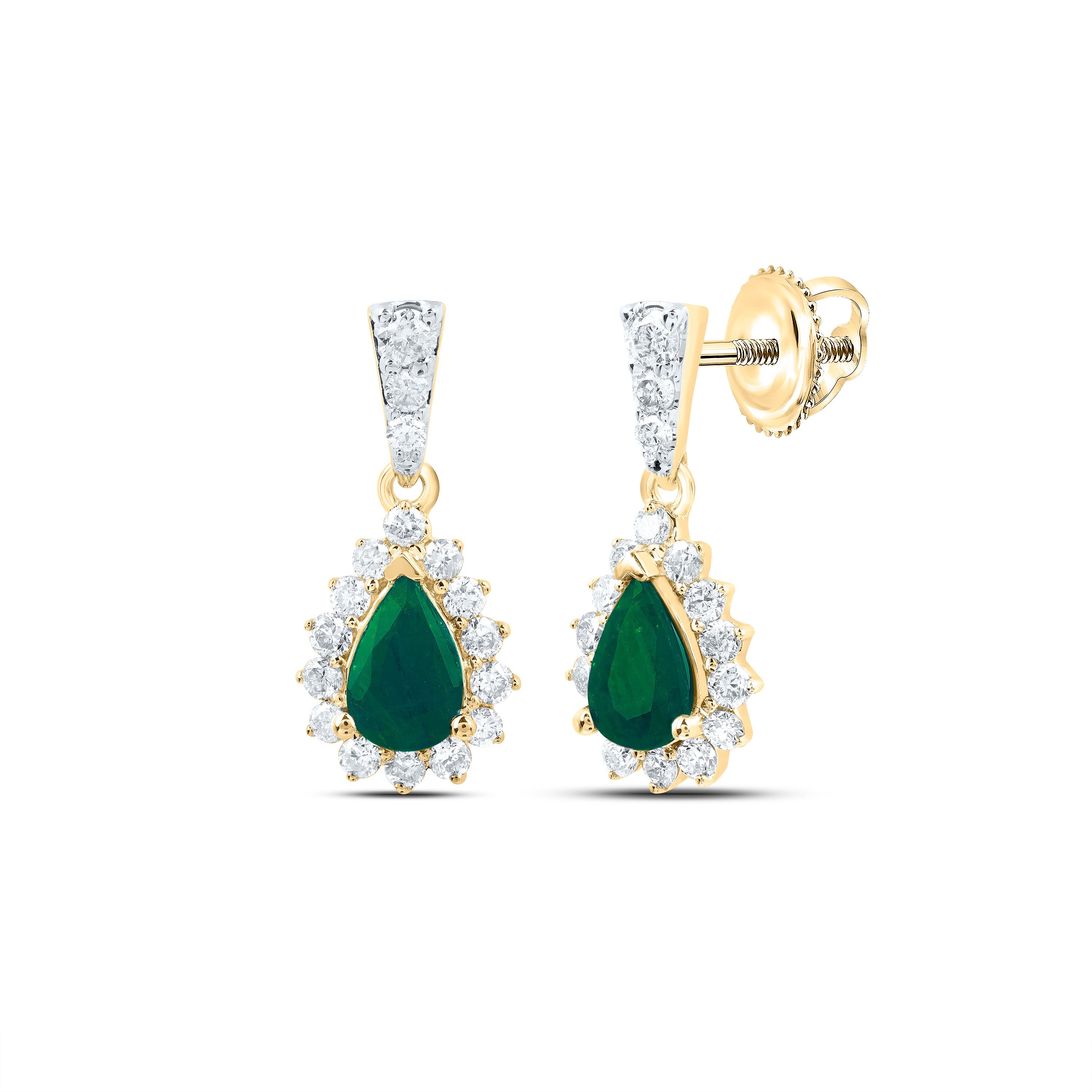 10kt Yellow Gold Womens Pear Emerald Diamond Dangle Earrings 1-1/2 Cttw