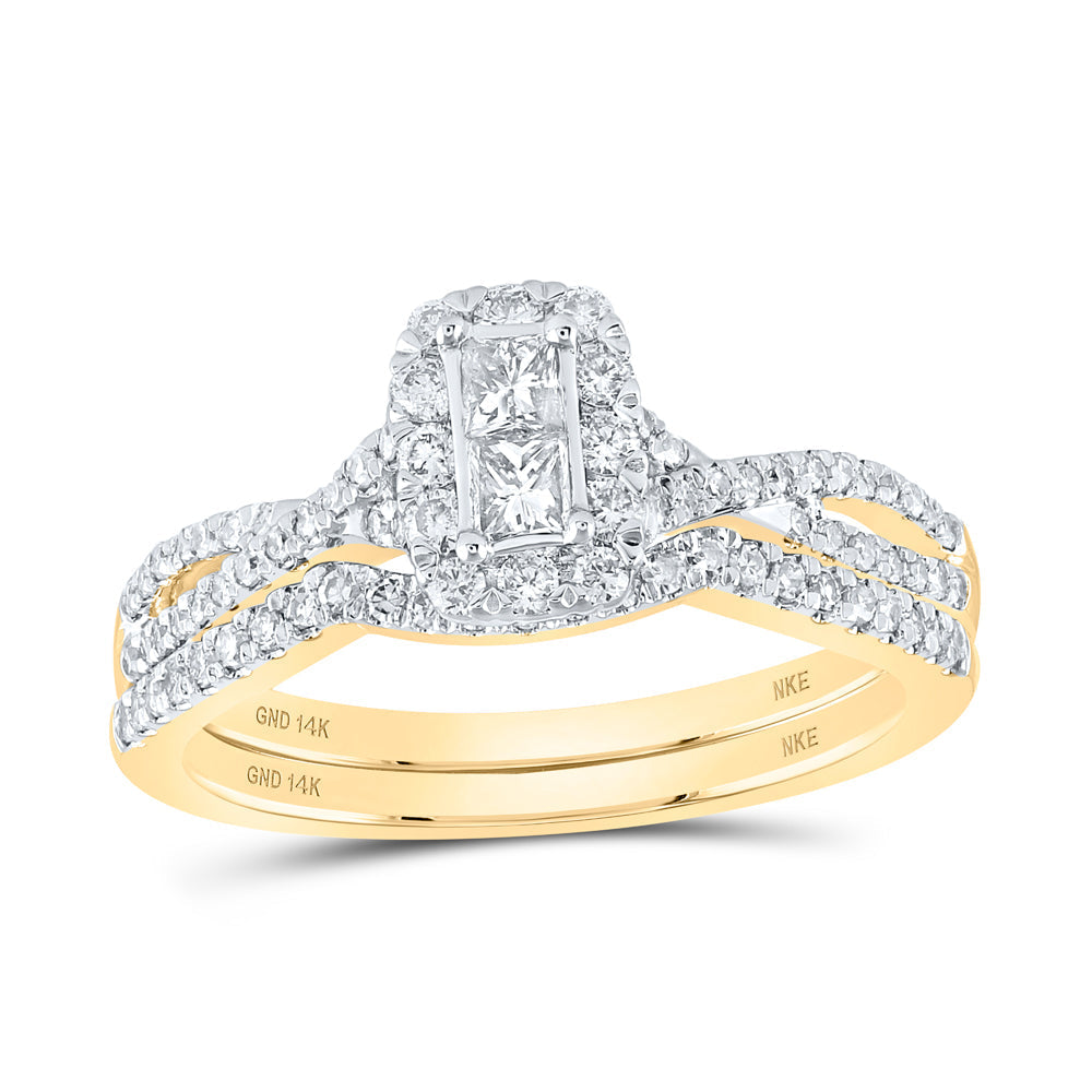 14kt Yellow Gold Princess Diamond 2-Stone Bridal Wedding Ring Band Set 3/4 Cttw