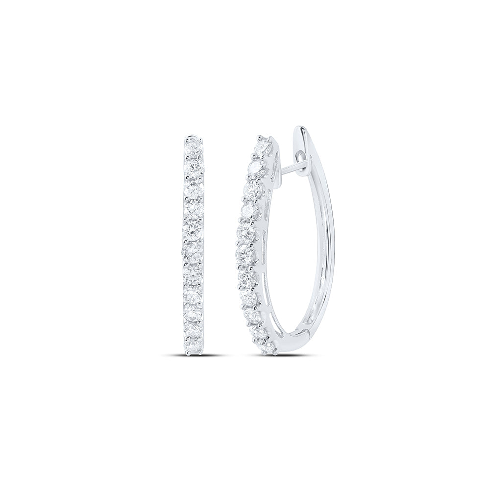 14kt White Gold Womens Round Diamond Single Row Hoop Earrings 1 Cttw