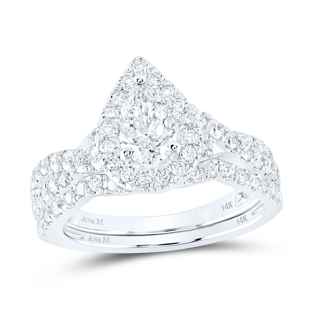 14kt White Gold Pear Diamond Halo Bridal Wedding Ring Band Set 1-1/2 Cttw