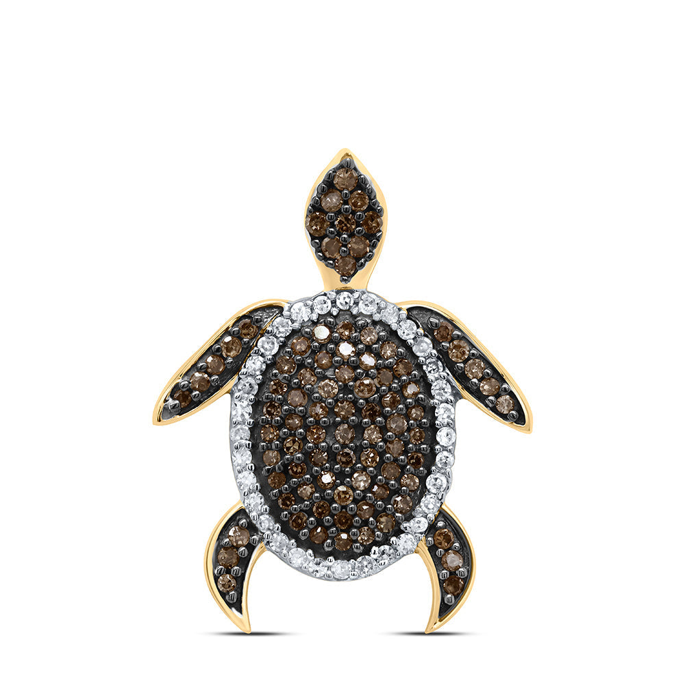 10kt Yellow Gold Womens Round Brown Diamond Sea Turtle Animal Pendant 3/8 Cttw