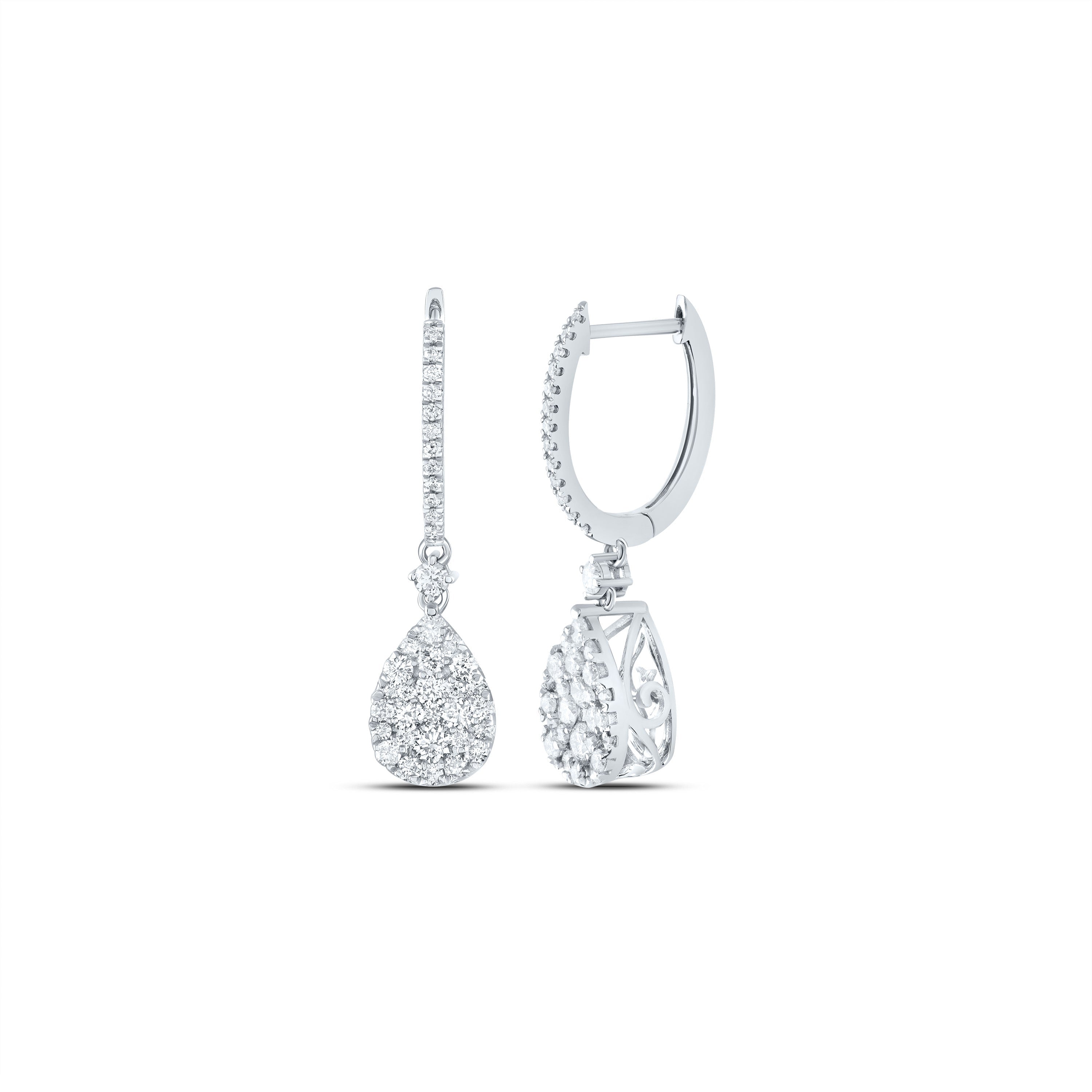 14kt White Gold Womens Round Diamond Hoop Teardrop Dangle Earrings 1 Cttw