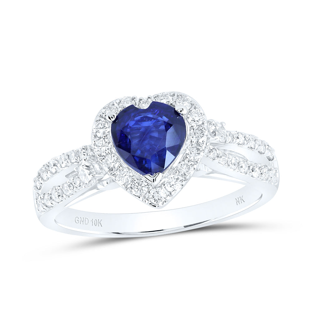 10kt White Gold Womens Heart Blue Sapphire Diamond Fashion Ring 1-3/8 Cttw