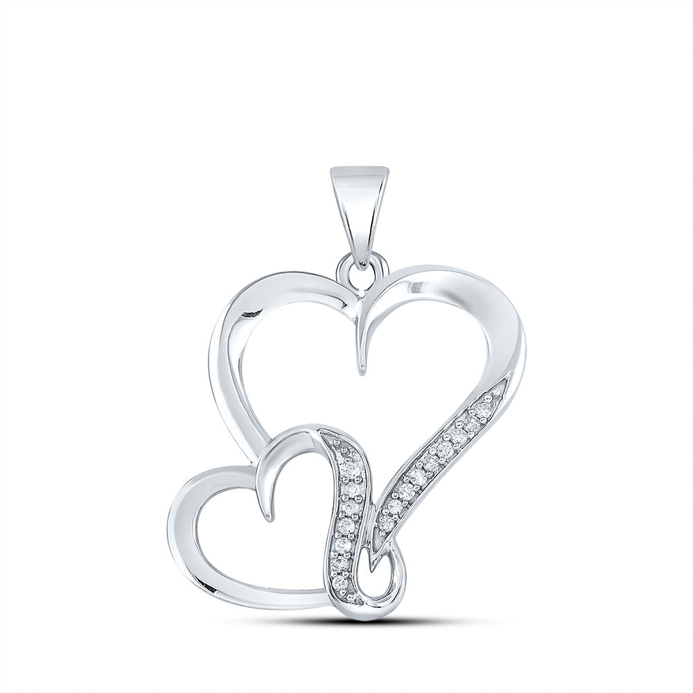 Sterling Silver Womens Round Diamond Double Heart Pendant 1/10 Cttw