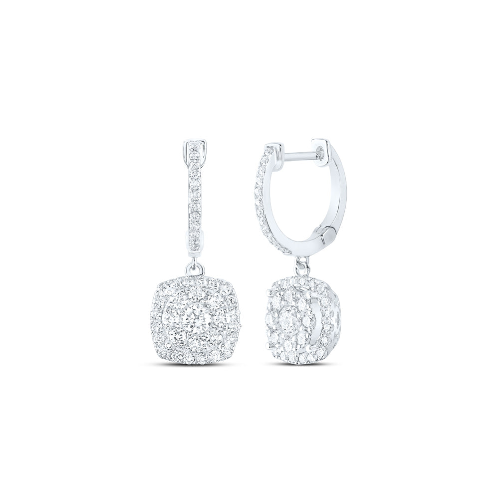 14kt White Gold Womens Round Diamond Hoop Square Dangle Earrings 1 Cttw