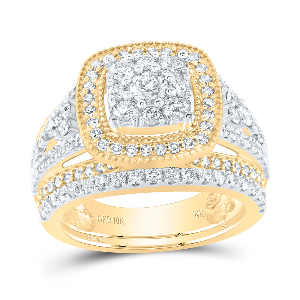 10kt Yellow Gold Round Diamond Square Bridal Wedding Ring Band Set 1-3/4 Cttw