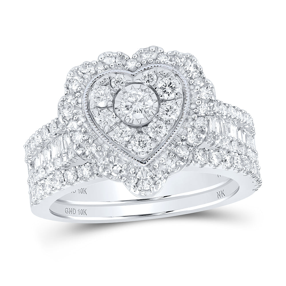 10kt White Gold Round Diamond Heart Bridal Wedding Ring Band Set 1-1/2 Cttw