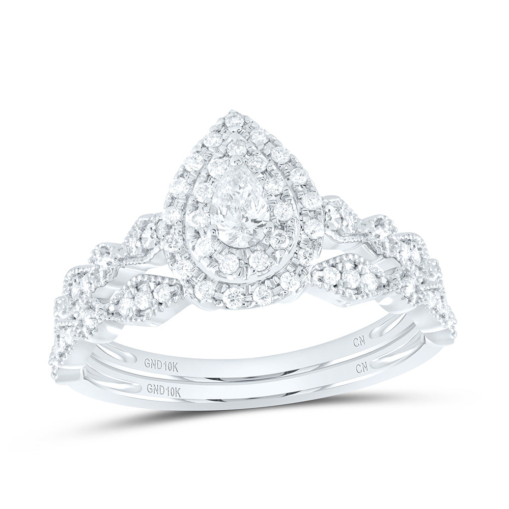 10kt White Gold Pear Diamond Halo Bridal Wedding Ring Band Set 3/8 Cttw
