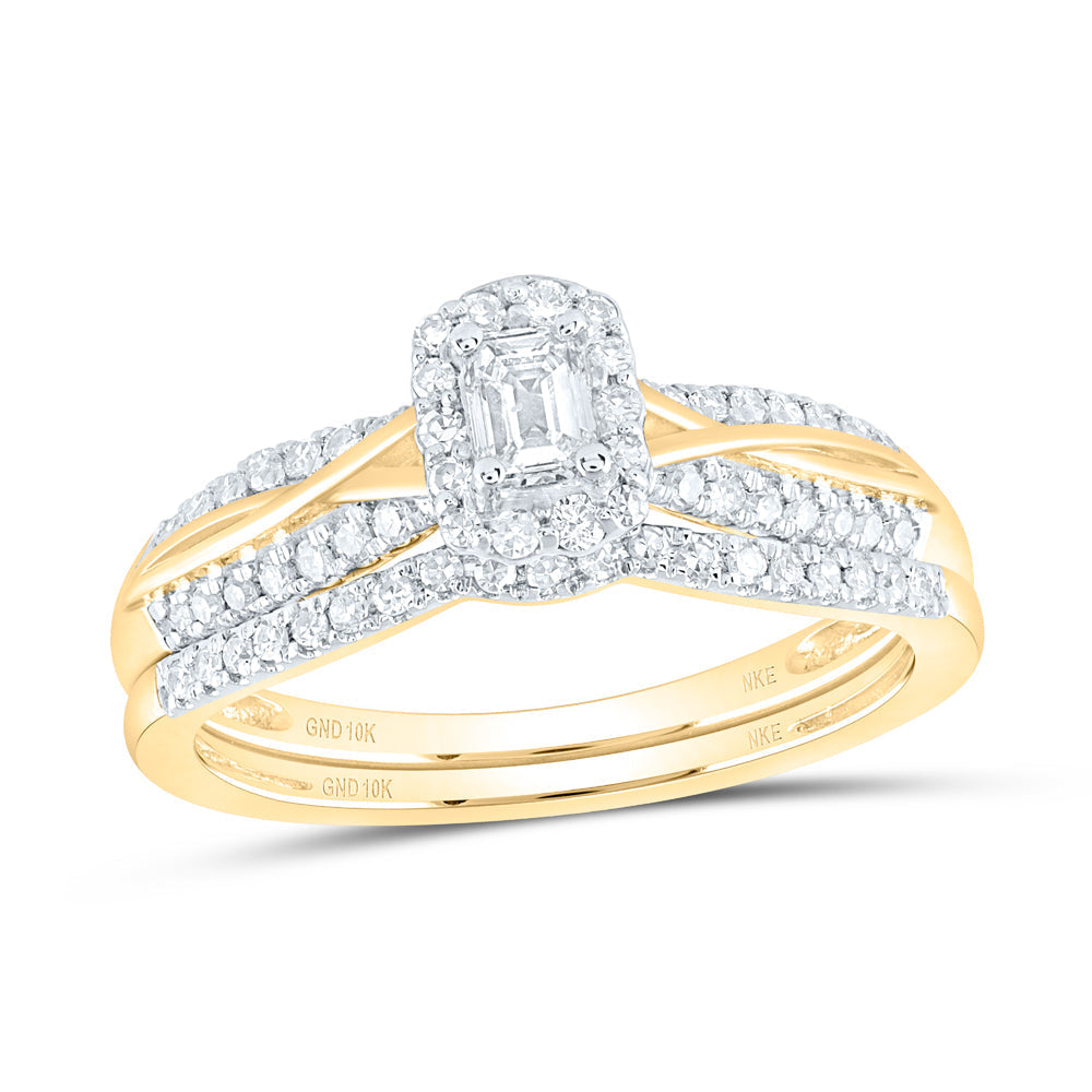 10kt Yellow Gold Emerald Diamond Halo Bridal Wedding Ring Band Set 1/2 Cttw