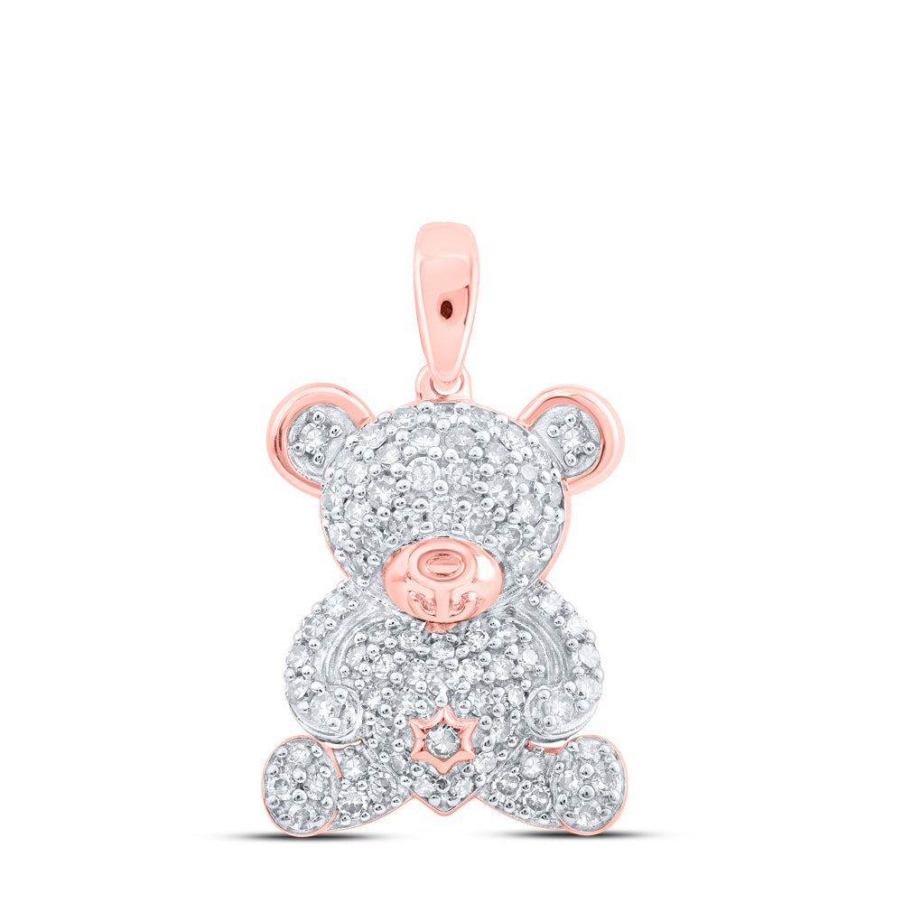 10kt Rose Gold Womens Round Diamond Teddy Bear Animal Pendant 1/2 Cttw