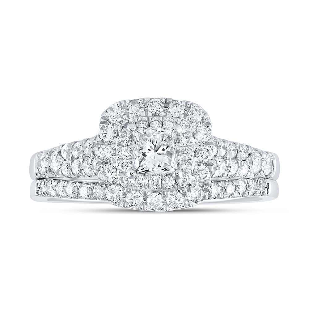 14kt White Gold Princess Diamond Halo Bridal Wedding Ring Band Set 1 Cttw