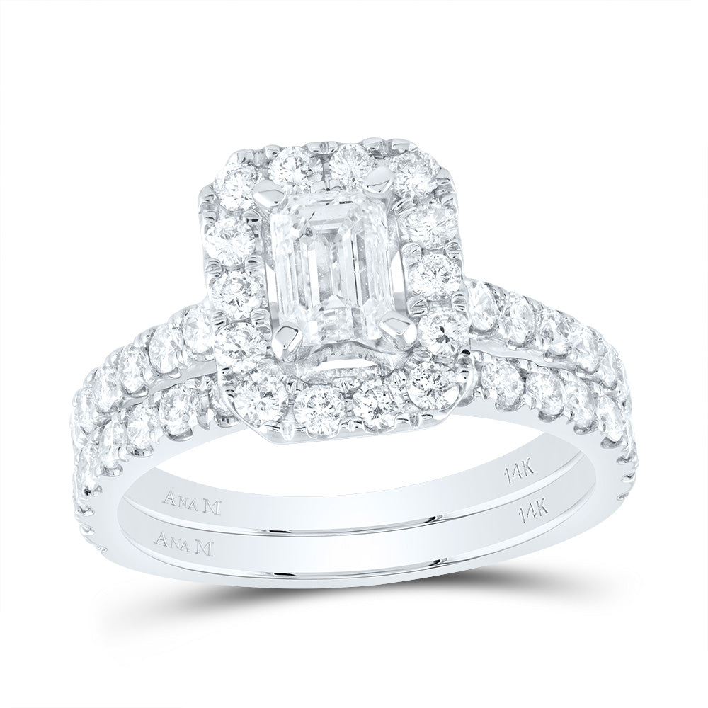 14kt White Gold Emerald Diamond Halo Bridal Wedding Ring Band Set 1-7/8 Cttw