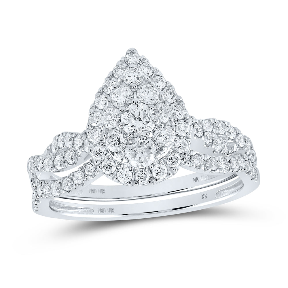 10kt White Gold Round Diamond Teardrop Bridal Wedding Ring Band Set 1 Cttw